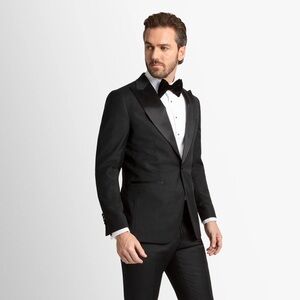 3 Piece NWT Men's Black Tuxedo Jacket Size 44S, Mens Pants 38S and Navy/Pink Tie